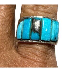 Men’s Navajo Sterling Silver Turquoise Inlay Ring Size 11 – Wide Bold Old Pawn S